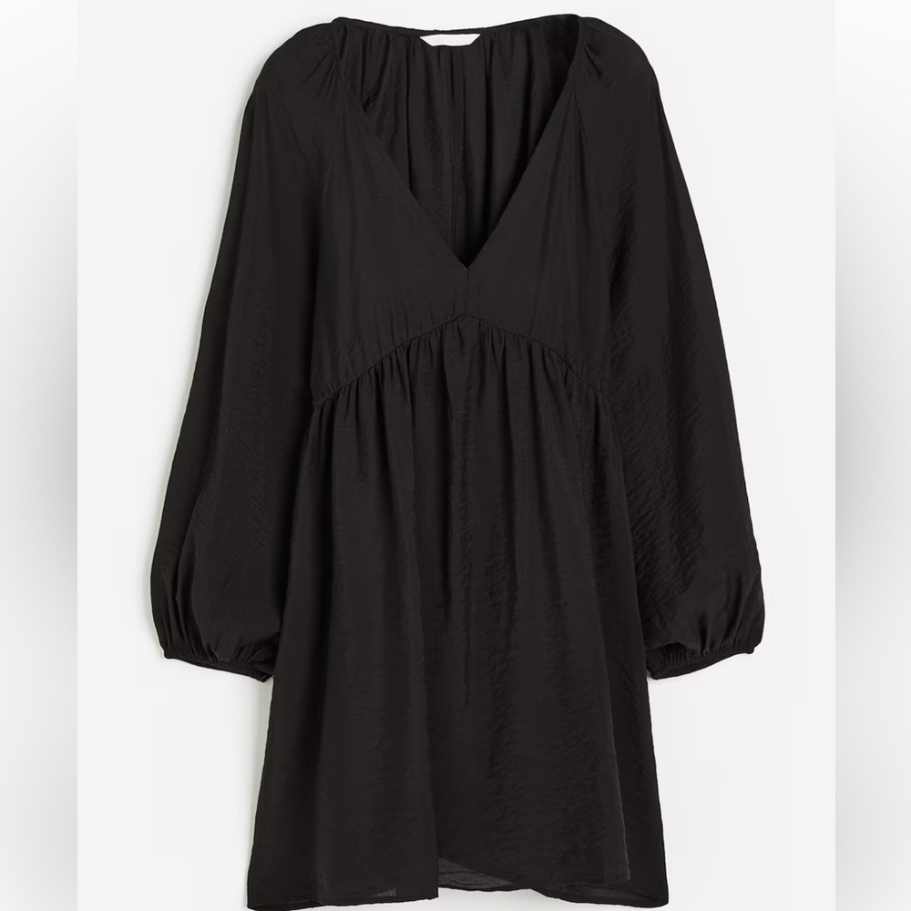 Black Long Puff Sleeve Sheer A-line Viscose Dress Size Large